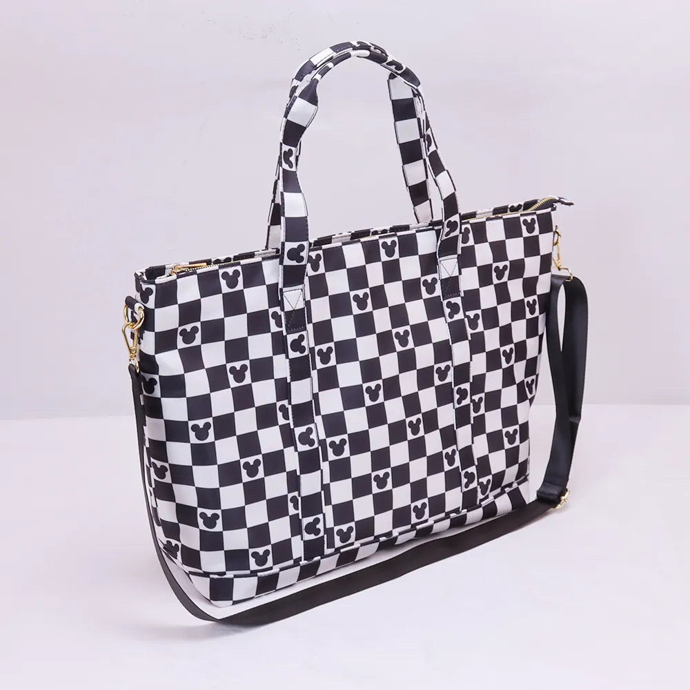 Magical Mouse Black and White Nylon Tote Bags, Summer Travel Bags, Nylon Weekender Bag Chenille Patches