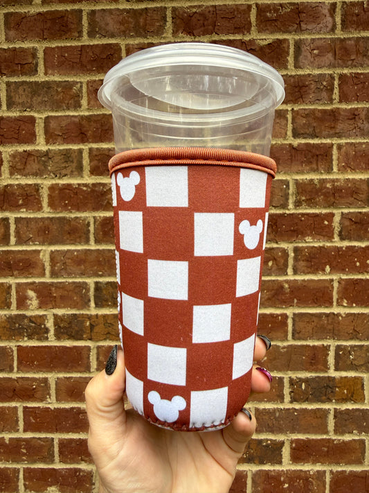 Rust Checkered Mouse Coffee Sleeve - Iced Drink Sleeve