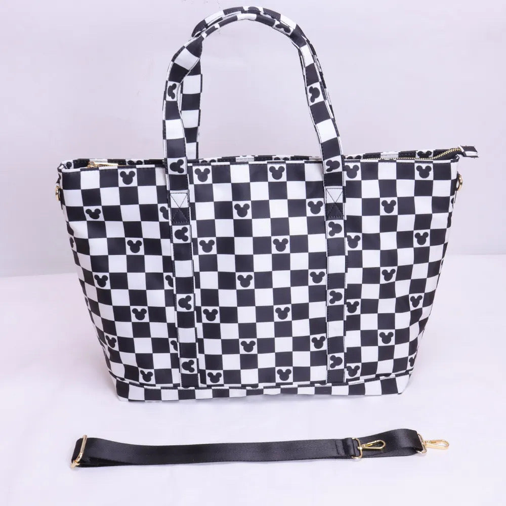 Magical Mouse Black and White Nylon Tote Bags, Summer Travel Bags, Nylon Weekender Bag Chenille Patches