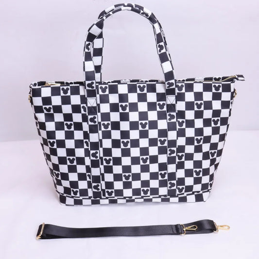 Magical Mouse Black and White Nylon Tote Bags, Summer Travel Bags, Nylon Weekender Bag Chenille Patches