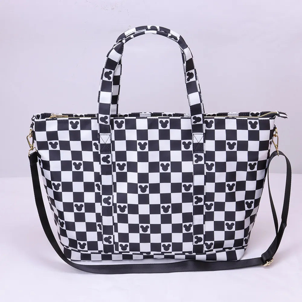 Magical Mouse Black and White Nylon Tote Bags, Summer Travel Bags, Nylon Weekender Bag Chenille Patches