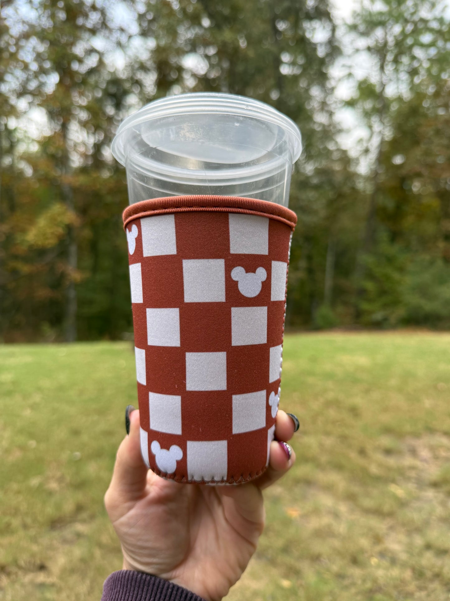 Rust Checkered Mouse Coffee Sleeve - Iced Drink Sleeve