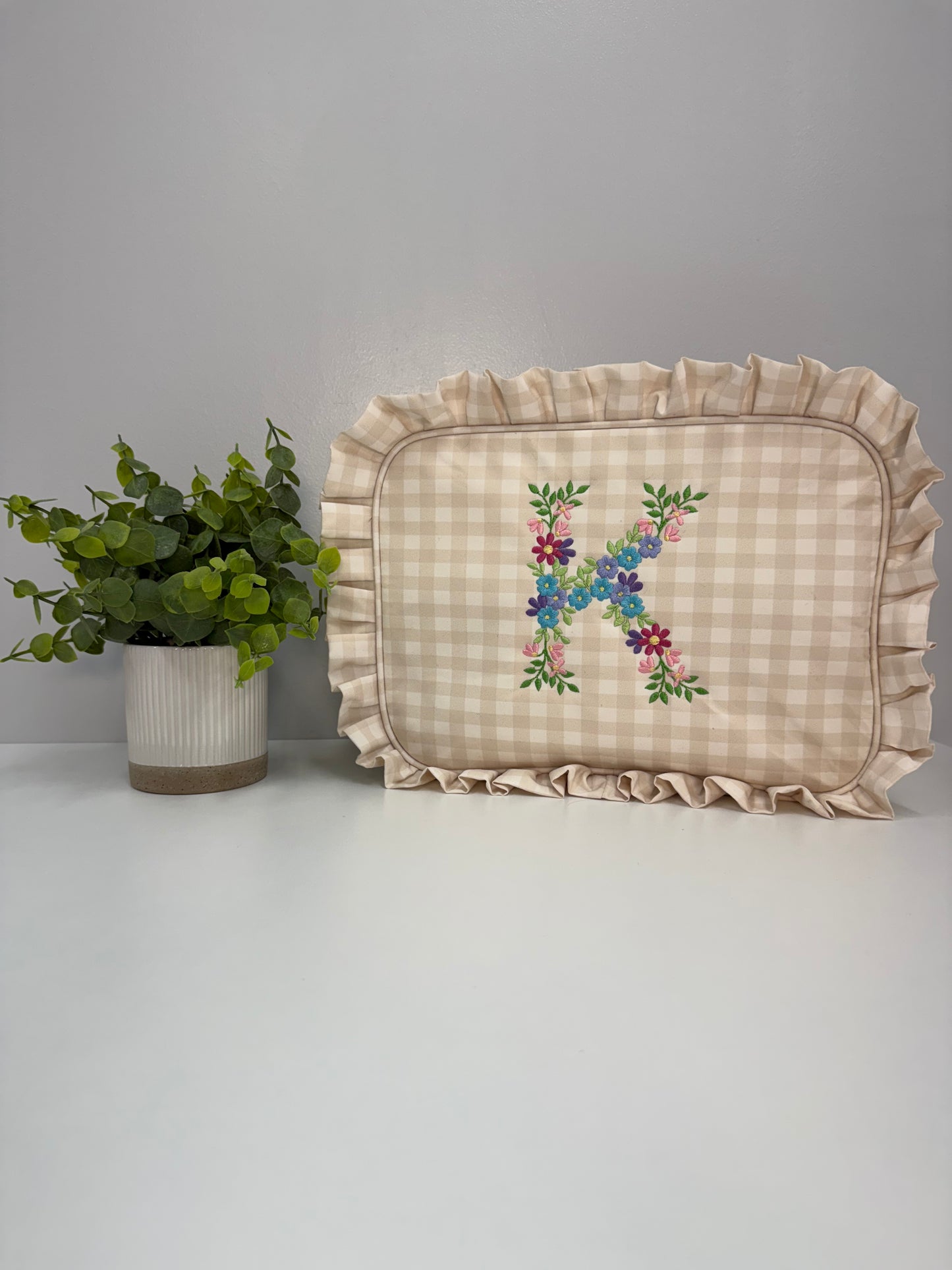 Personalized Embroidered Ruffle Gingham Cosmetic Bag XL