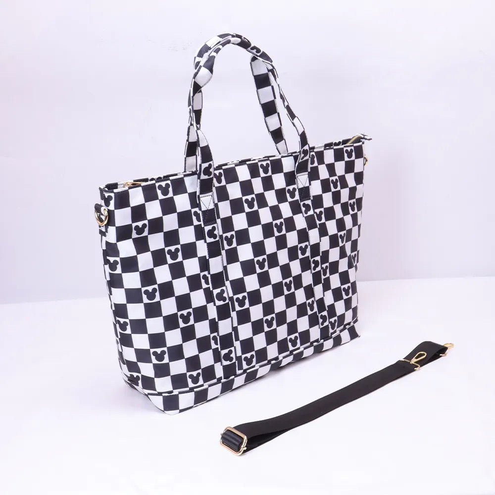 Magical Mouse Black and White Nylon Tote Bags, Summer Travel Bags, Nylon Weekender Bag Chenille Patches