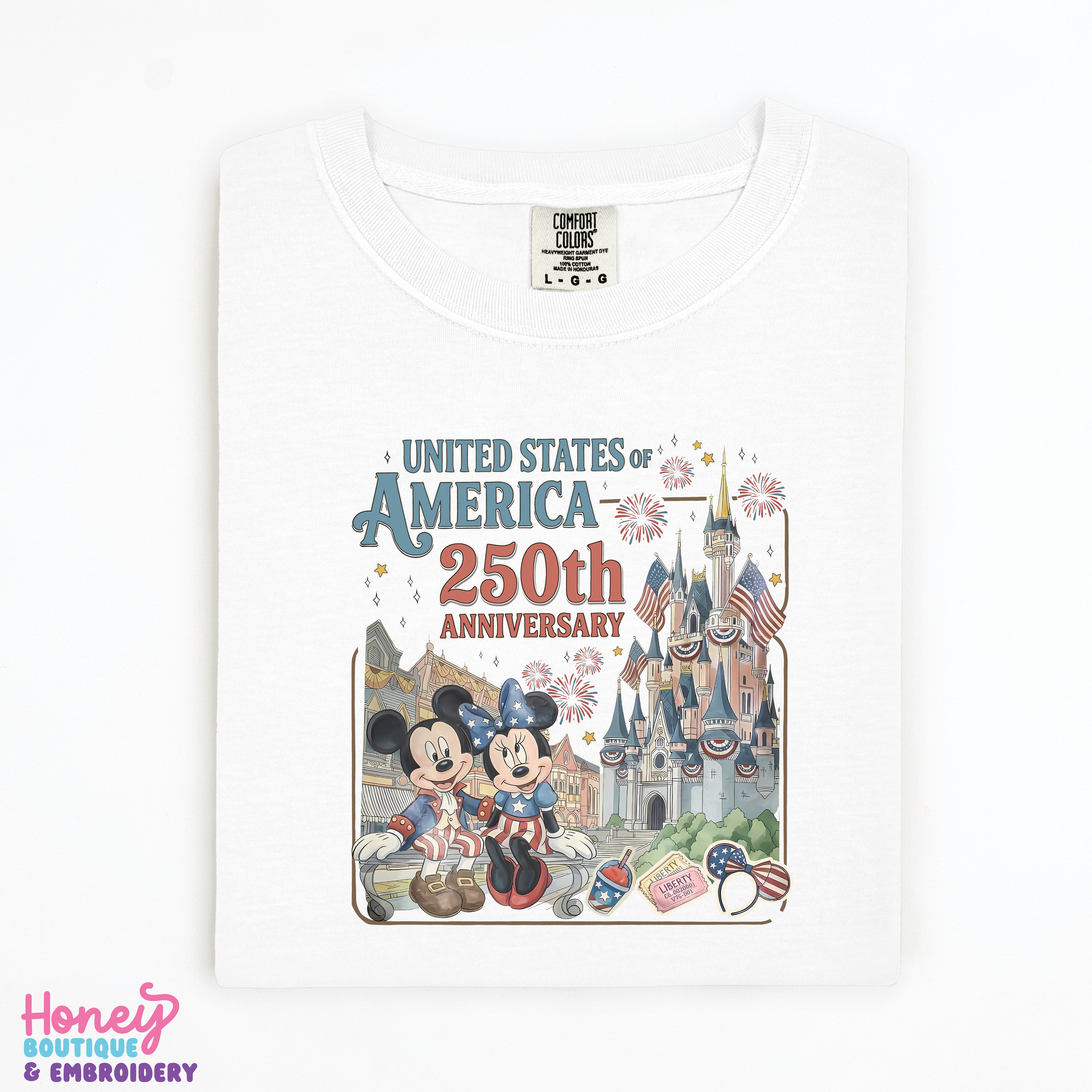 White t-shirt with Mouse design celebrating the 250th anniversary of the United States of America on a white background.