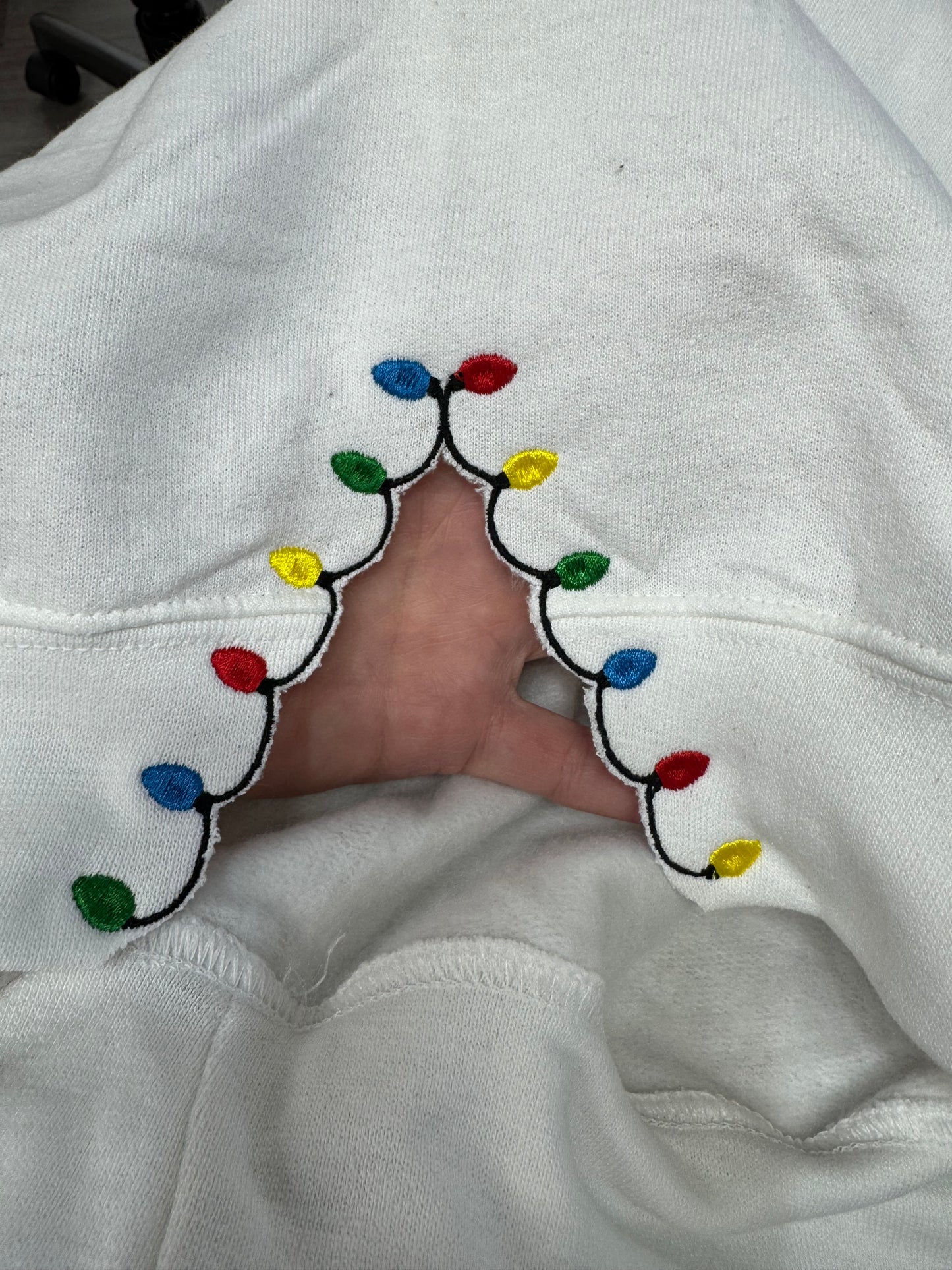 MERRY Christmas Sweatshirt with Side Christmas Lights - Embroidered Appliqué