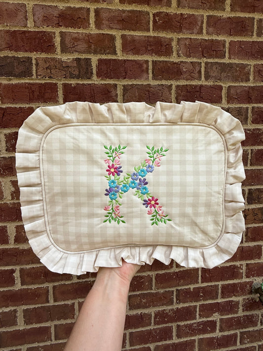 Personalized Embroidered Ruffle Gingham Cosmetic Bag XL