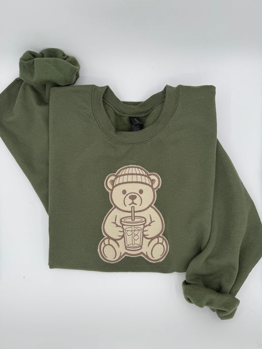 Coffee Bear Embroidered Appliqué Sweatshirt