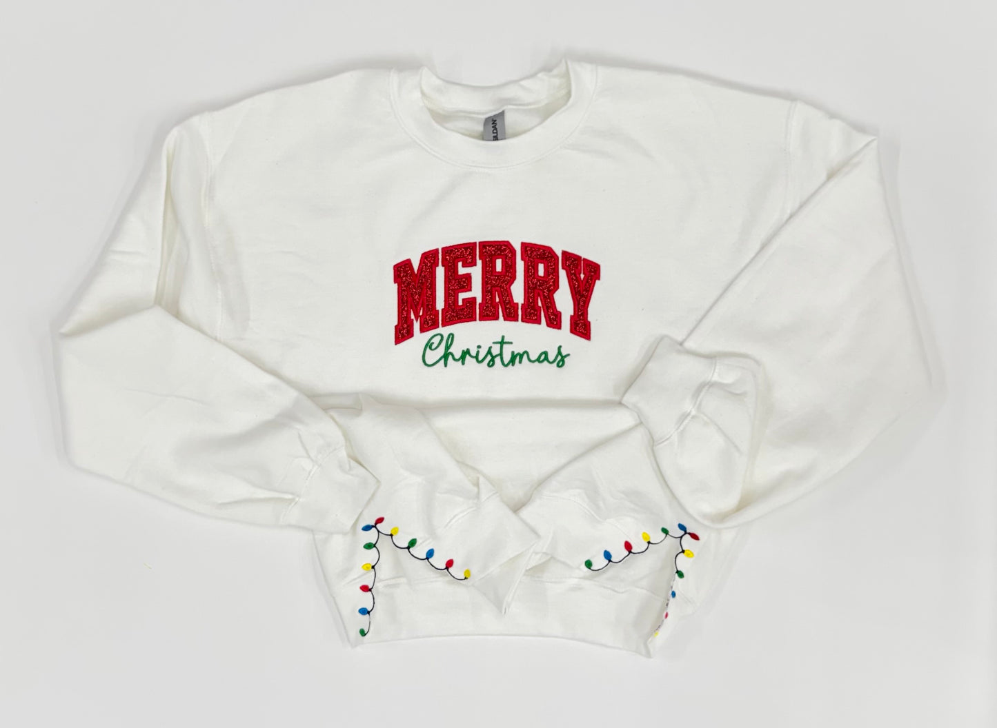 MERRY Christmas Sweatshirt with Side Christmas Lights - Embroidered Appliqué