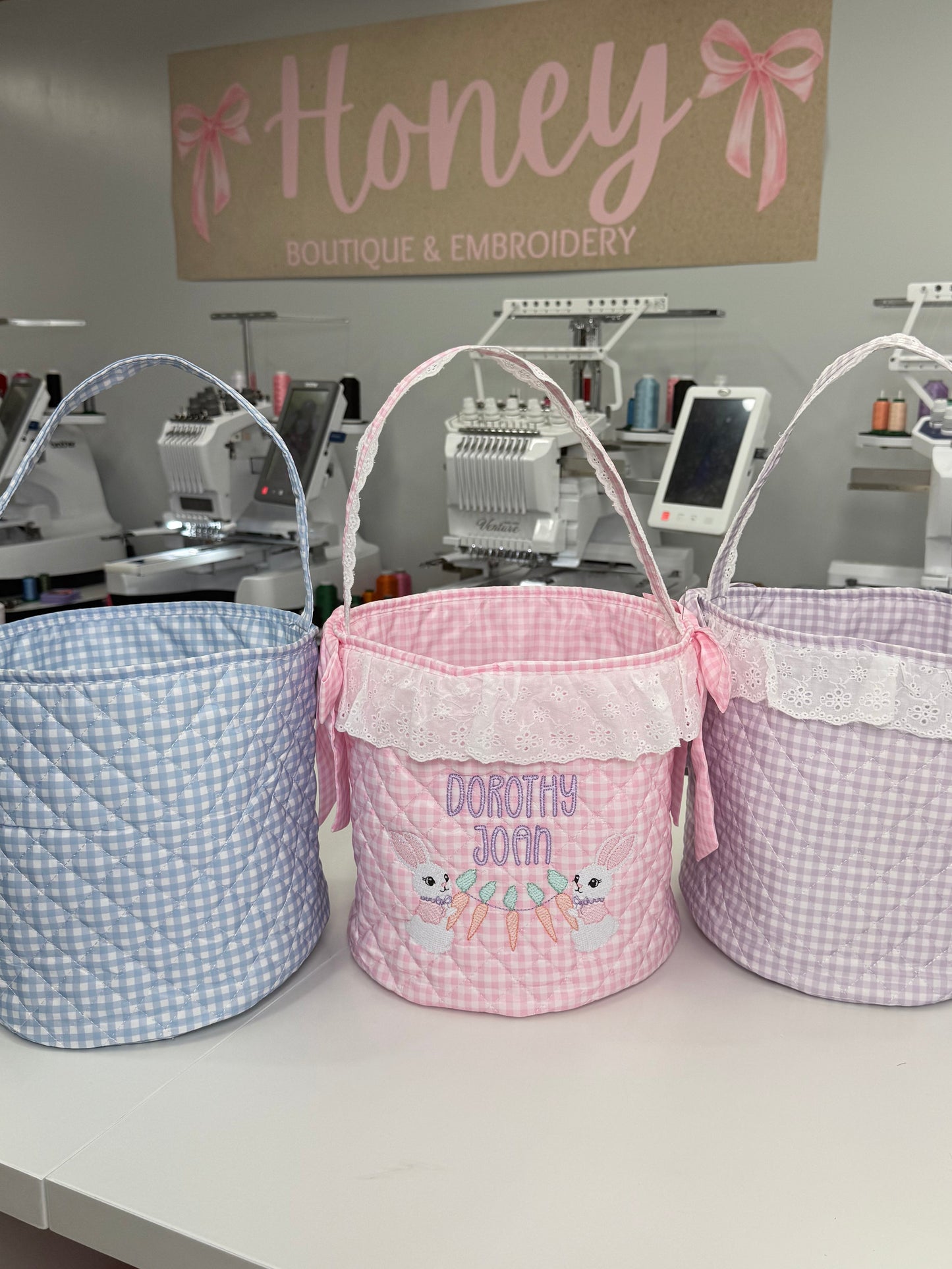 Gingham Easter Basket - Embroidered