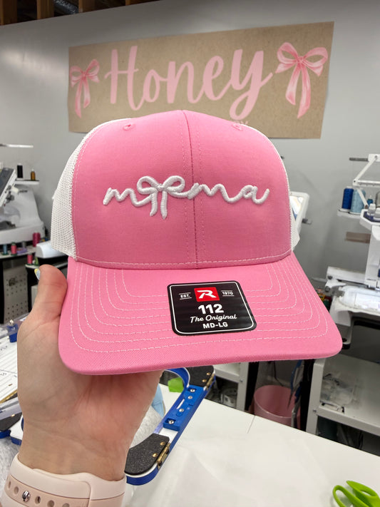 Mama Bow Puff Embroidered Hat - Pink/White