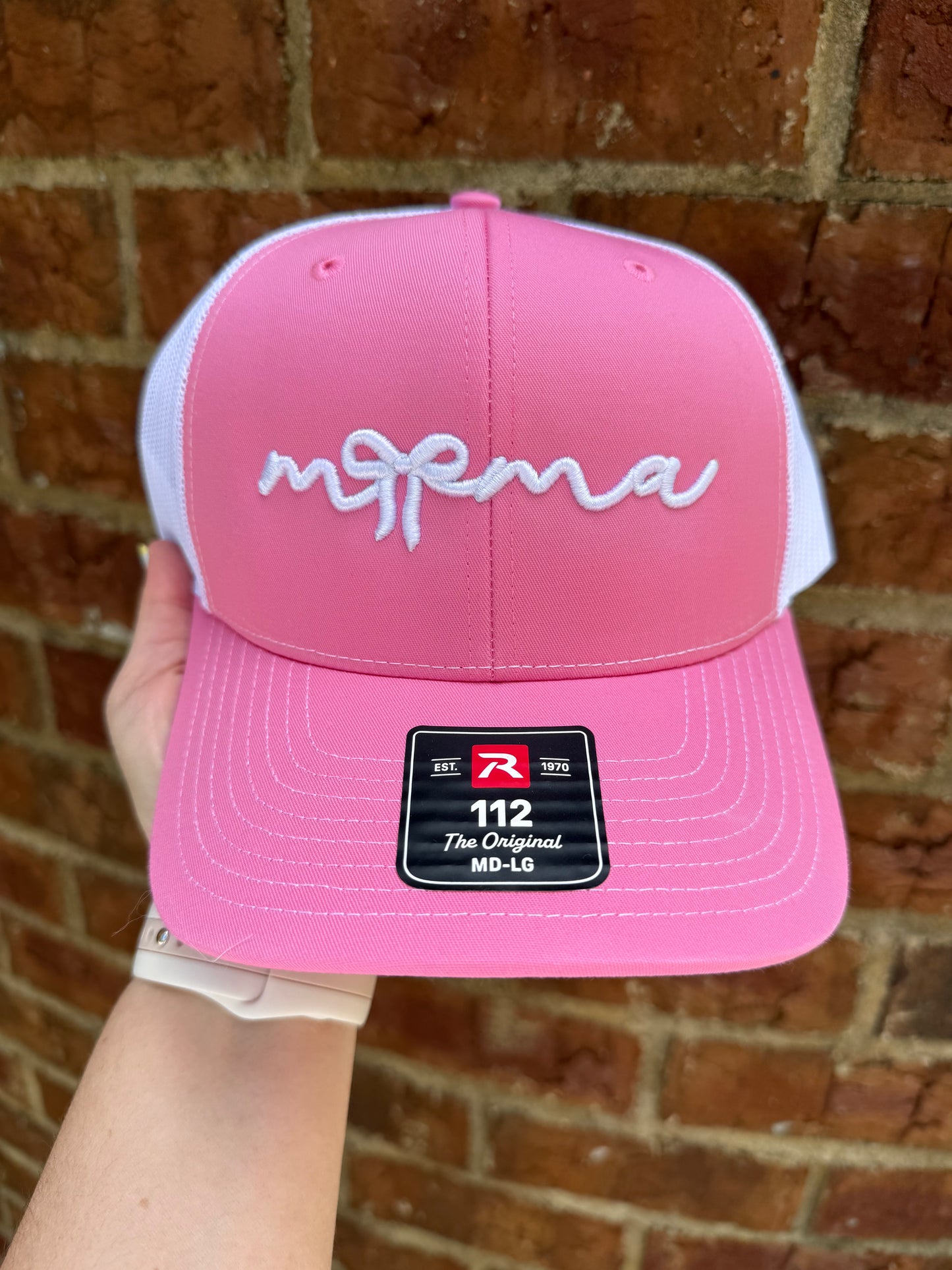Mama Bow Puff Embroidered Hat - Pink/White