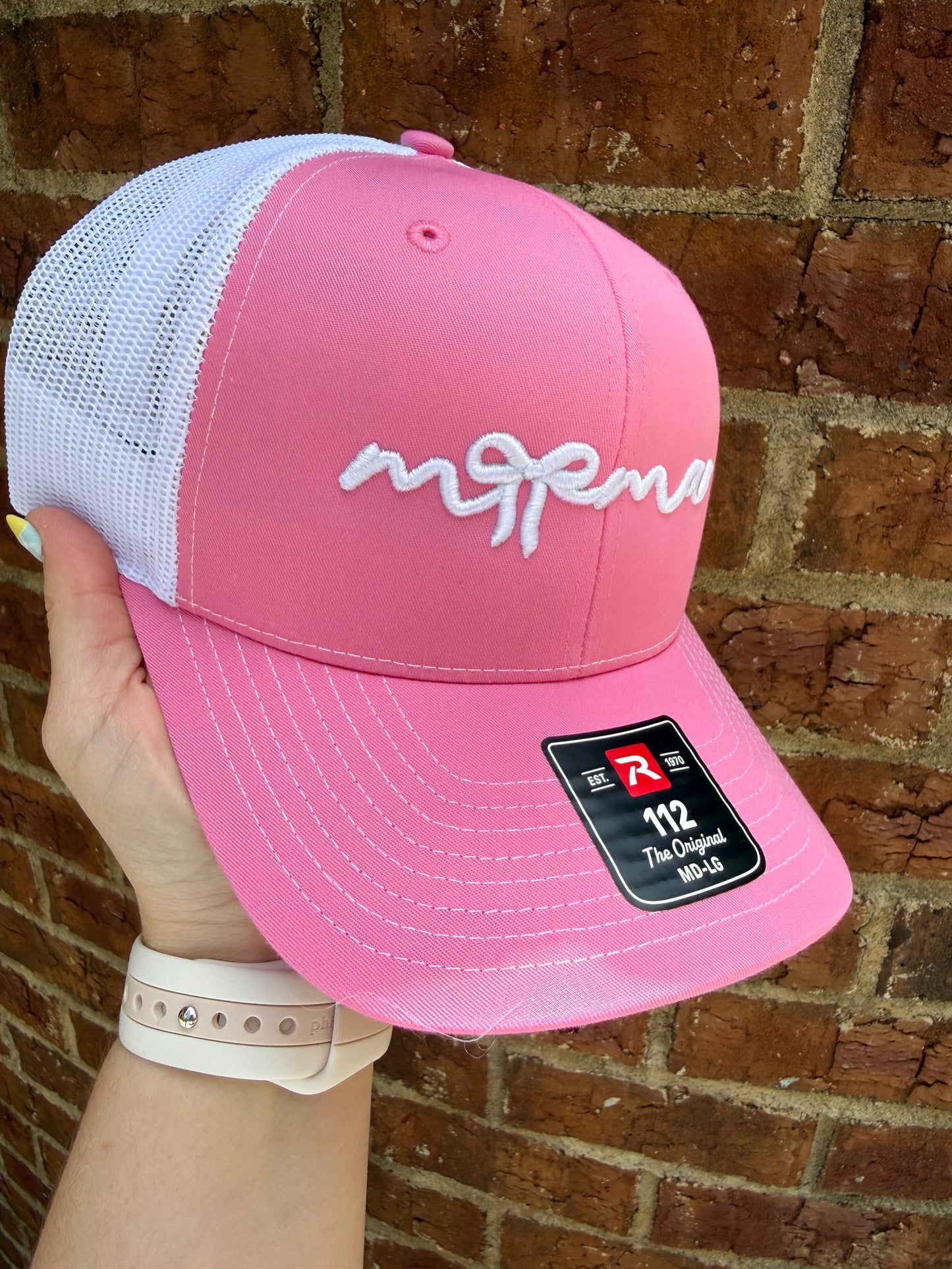 Mama Bow Puff Embroidered Hat - Pink/White