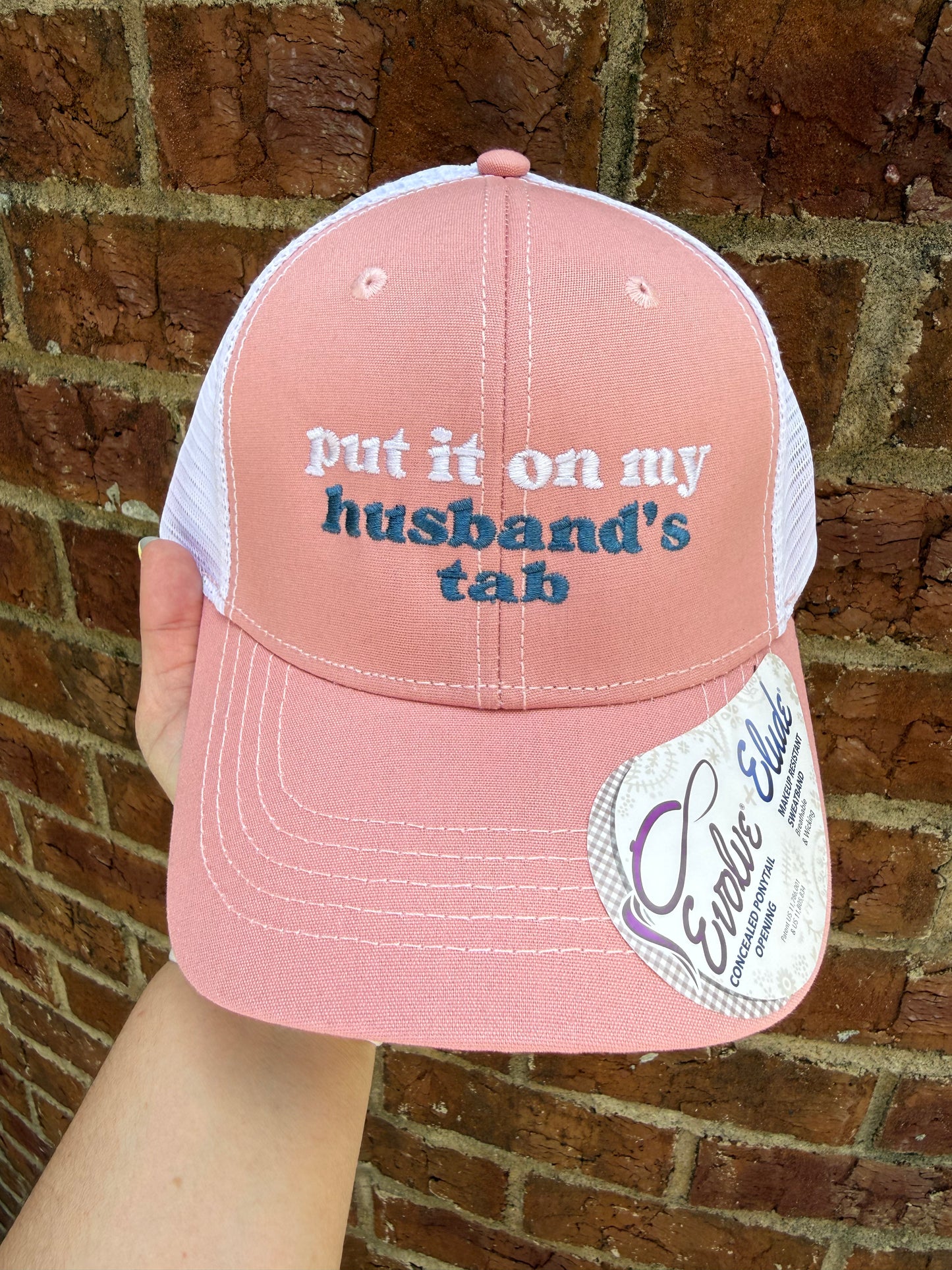 Put It On My Husbands Tab Embroidered Hat - Peachy Pink/White