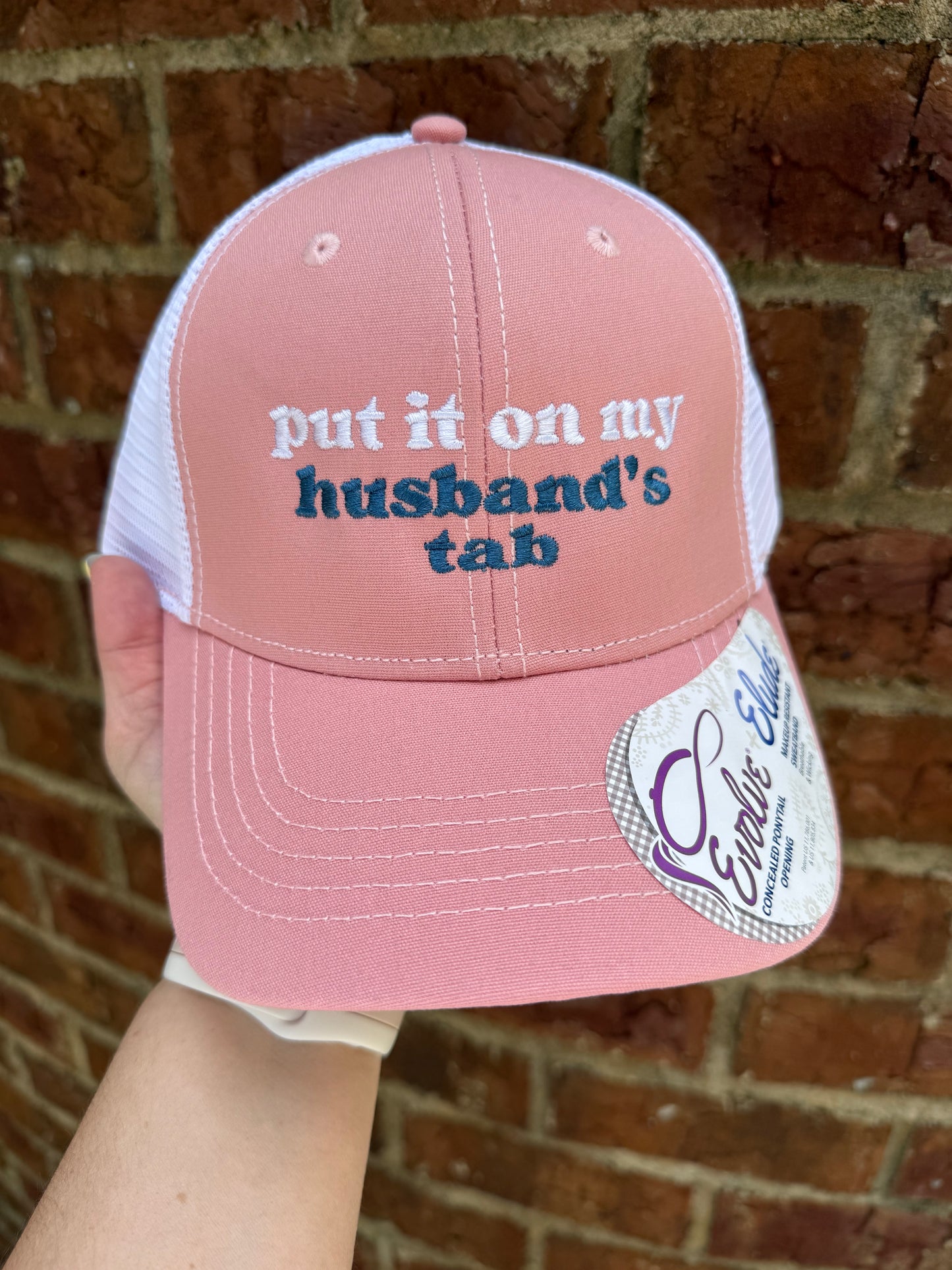 Put It On My Husbands Tab Embroidered Hat - Peachy Pink/White