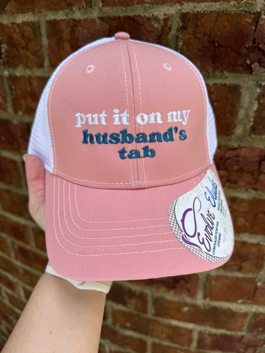 Put It On My Husbands Tab Embroidered Hat - Peachy Pink/White
