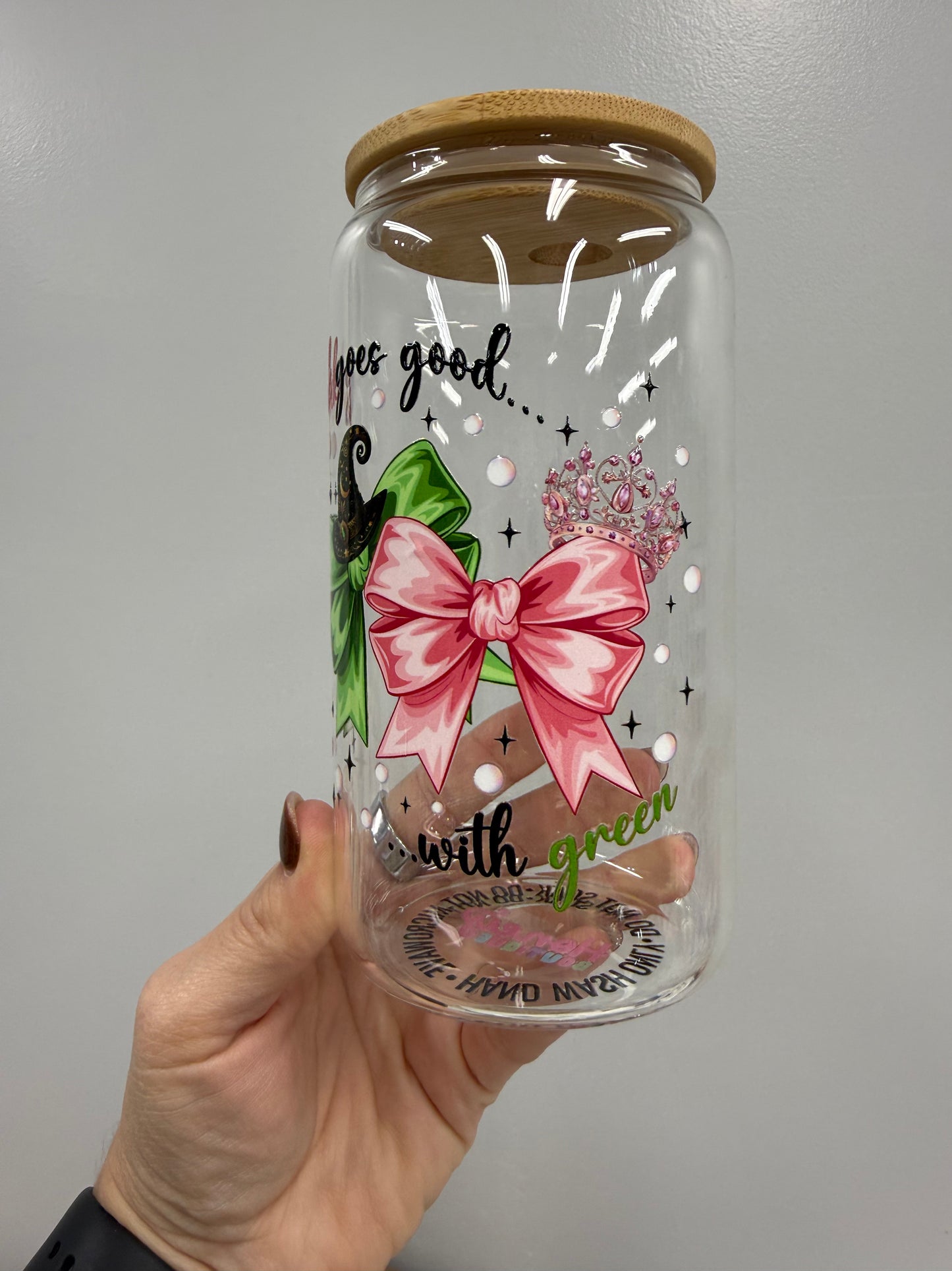NEW Pink Goes Good with Green 16oz Glass Cup